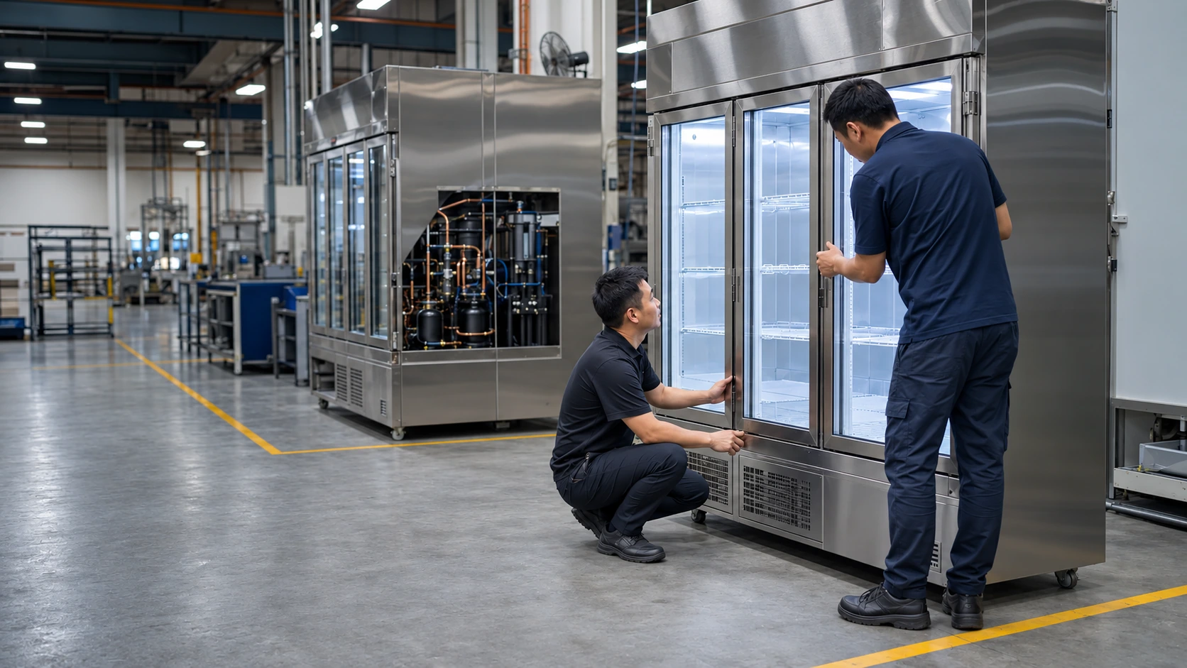 Primeo refrigeration engineers inspecting a glass-door commercial chiller on the manufacturing floor