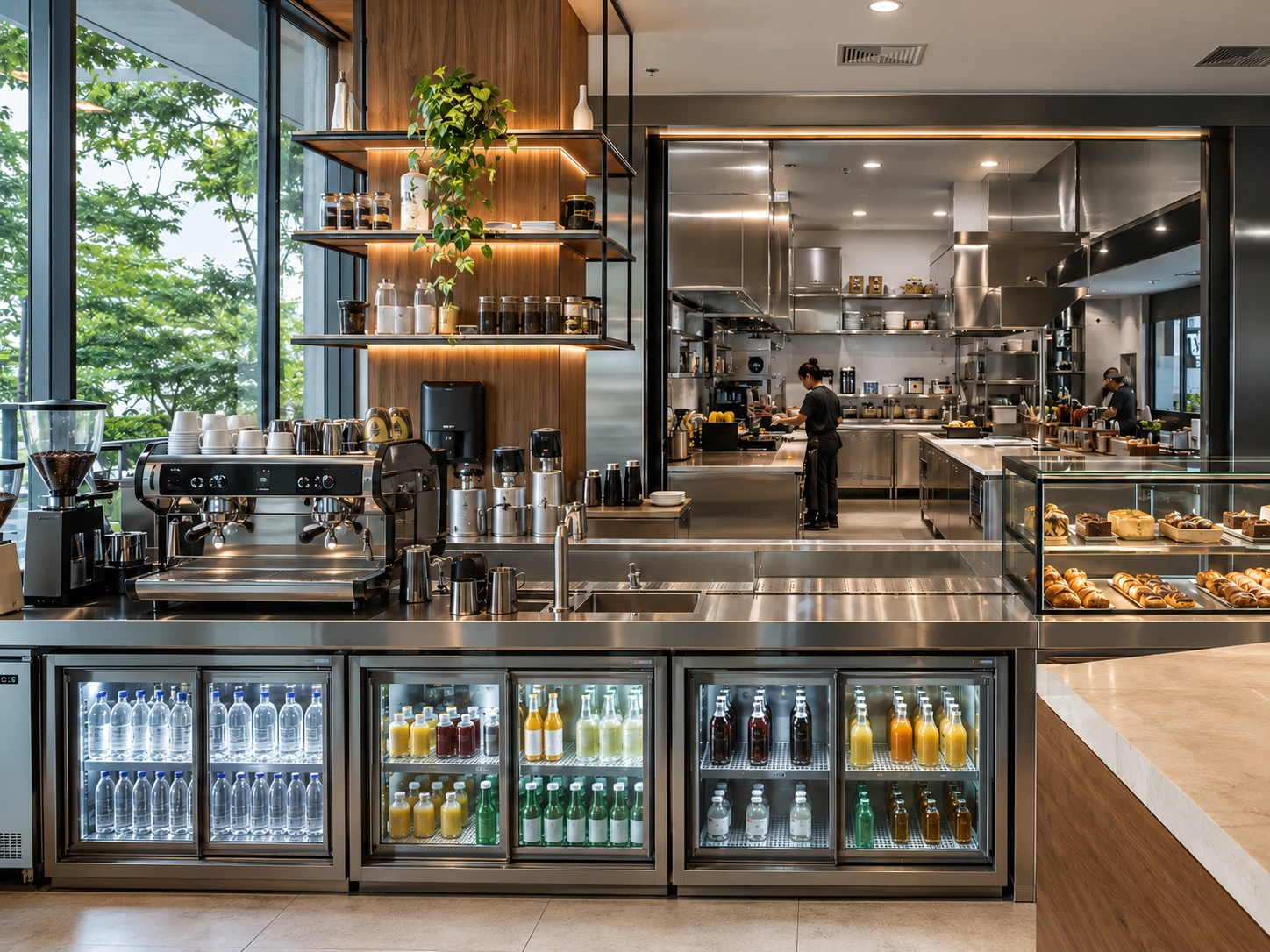 Contemporary specialty café with espresso bar, pastry display and glass-front refrigeration