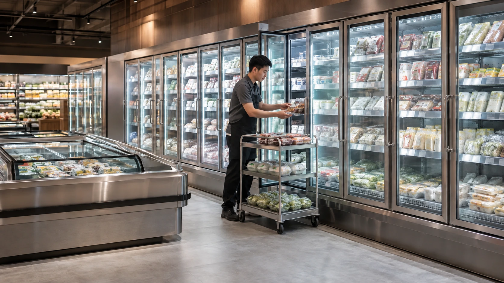 Premium food retail environment with integrated display refrigeration
